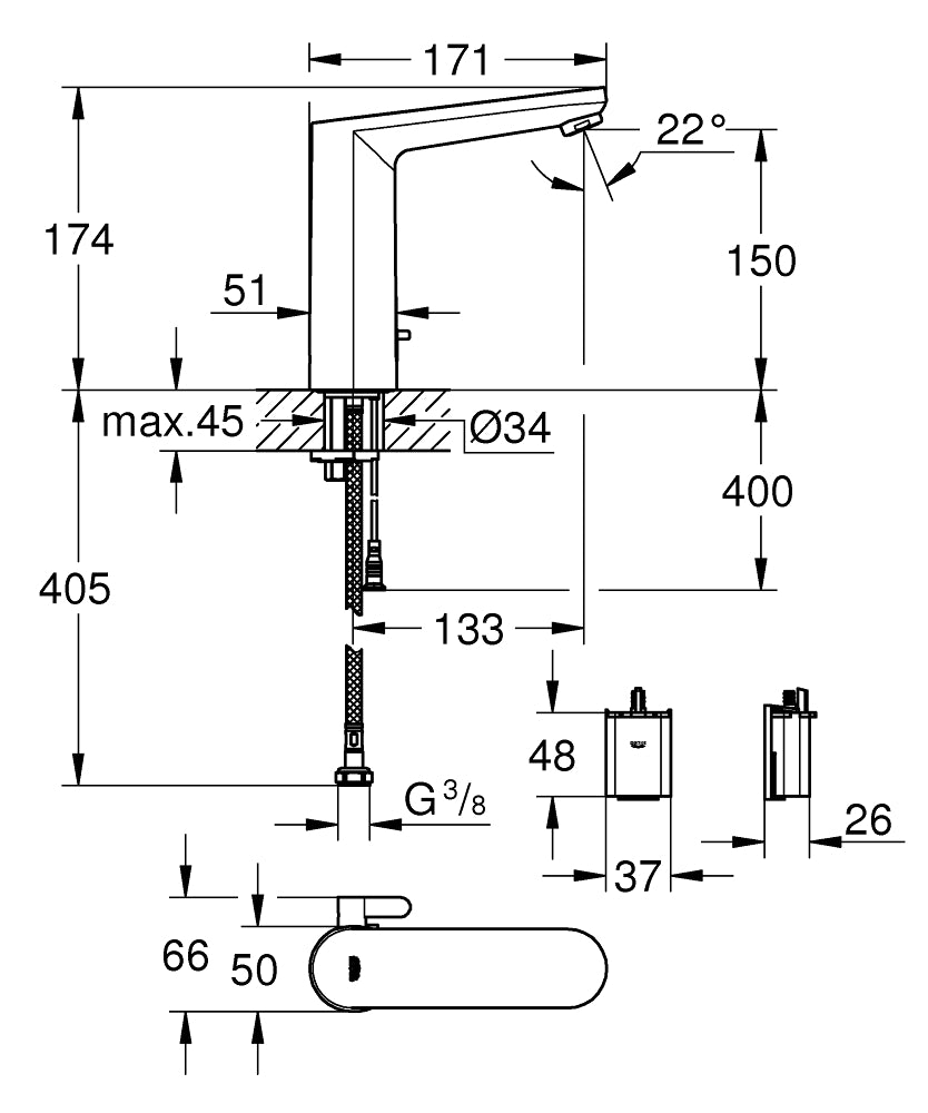 Grohe Eurosmart Cosmo. Fotoselli Lavabo Bataryası, Çift Su Girişli, Pilli Krom -36422001 teknik çizim