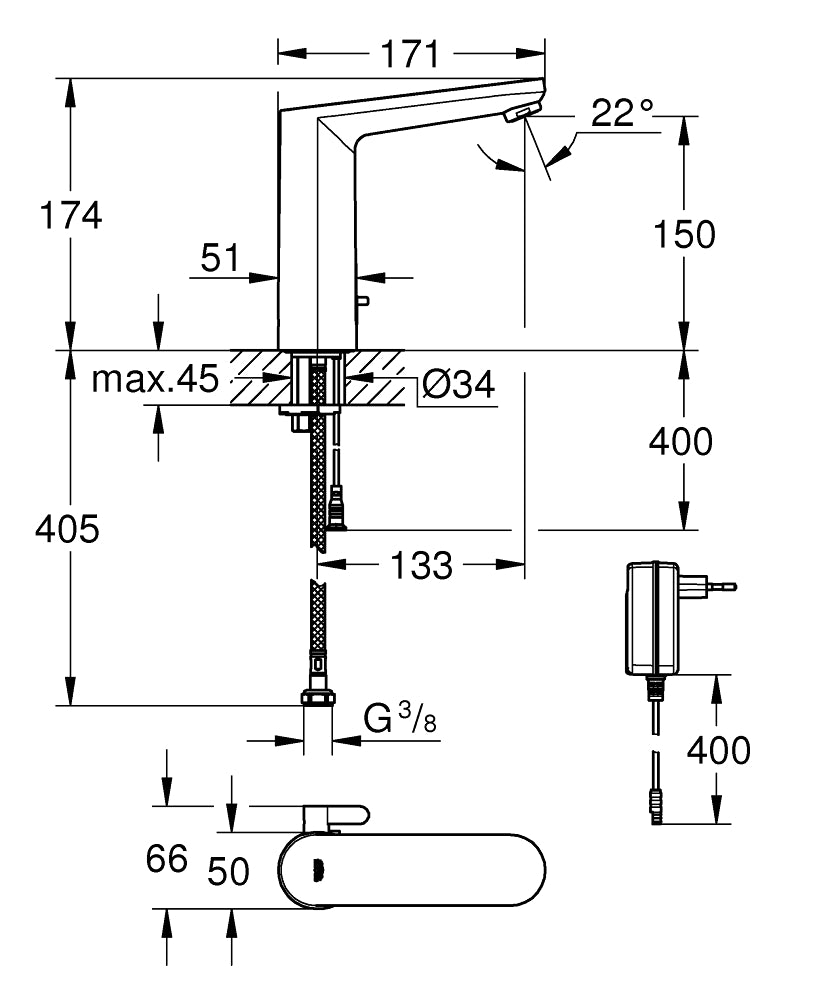 Grohe Fotoselli Lavabo Bataryası Elektrikli Çift Su Giriş - 36421001 teknik çizim