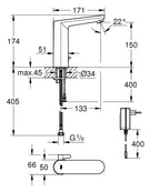 Grohe Fotoselli Lavabo Bataryası Elektrikli Çift Su Giriş - 36421001 teknik çizim