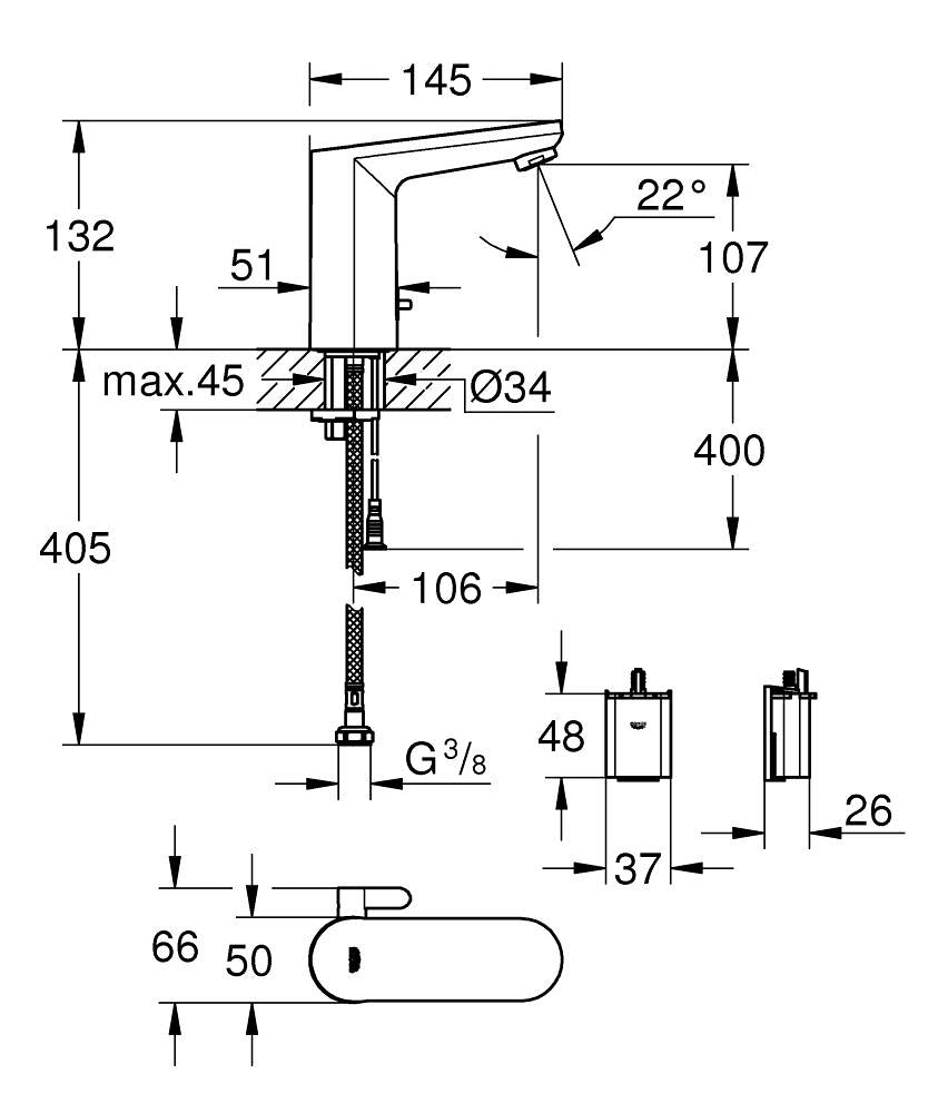 Grohe Eurosmart  Cosmopolitan  E Fotoselli Lavabo Bataryası, 1/2″, Çift Su Girişli Ayarlanabilir Sıc teknik çizim