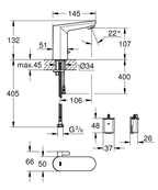 Grohe Eurosmart  Cosmopolitan  E Fotoselli Lavabo Bataryası, 1/2″, Çift Su Girişli Ayarlanabilir Sıc teknik çizim