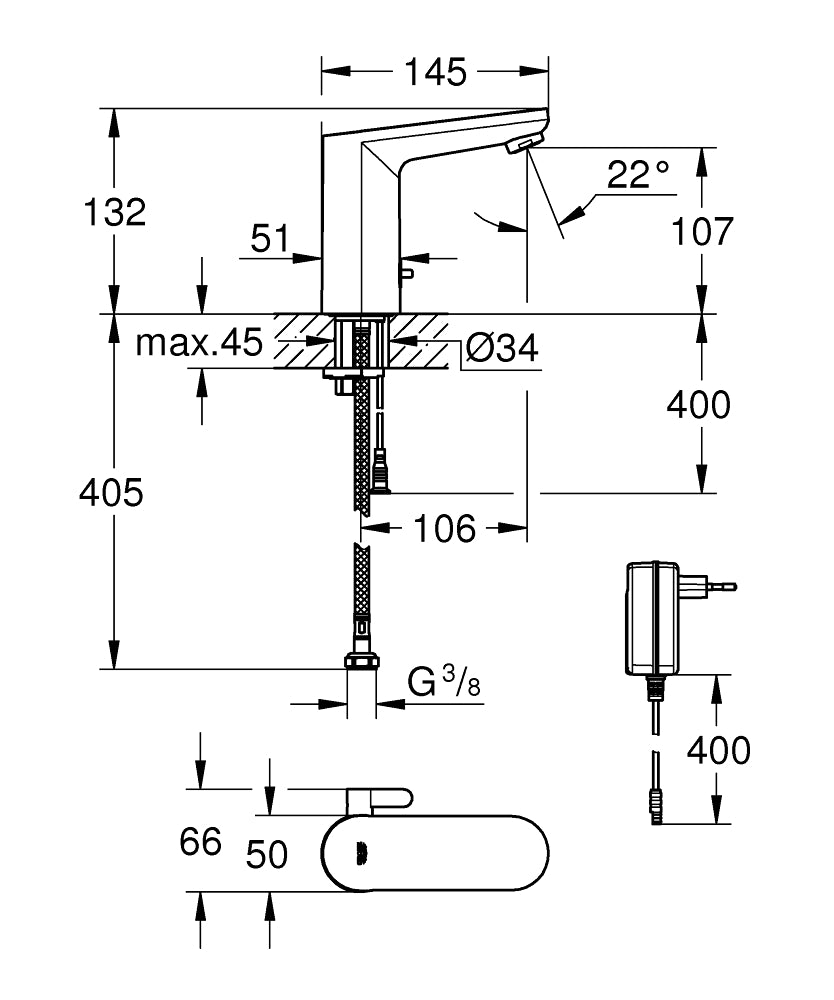 Grohe Fotoselli Lavabo Bataryası Elektrikli Çift Su Giriş Krom - 36325002 teknik çizim