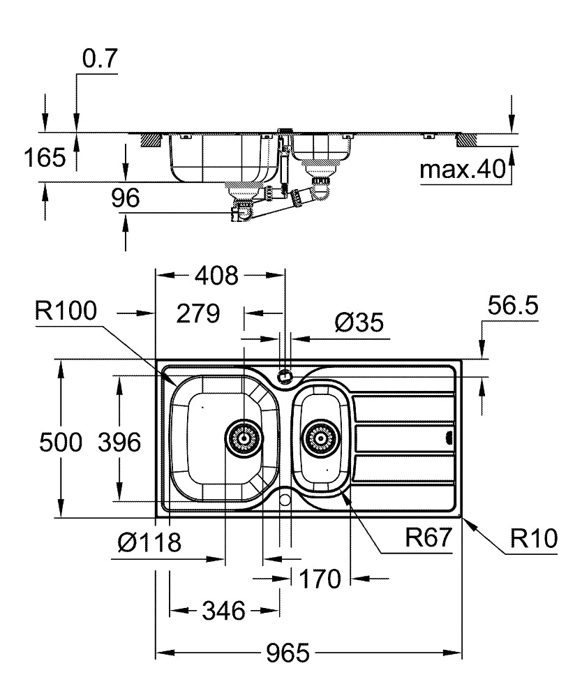 Grohe K200 Damlalıklı Eviye Paslanmaz Çelik - 31564SD1 teknik çizim