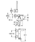 Grohe Banyo Bataryası El Duş Seti Dahil Plus Krom - 33547003 teknik çizim