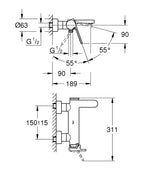 Grohe Banyo Bataryası Plus Krom - 33553003 teknik çizim