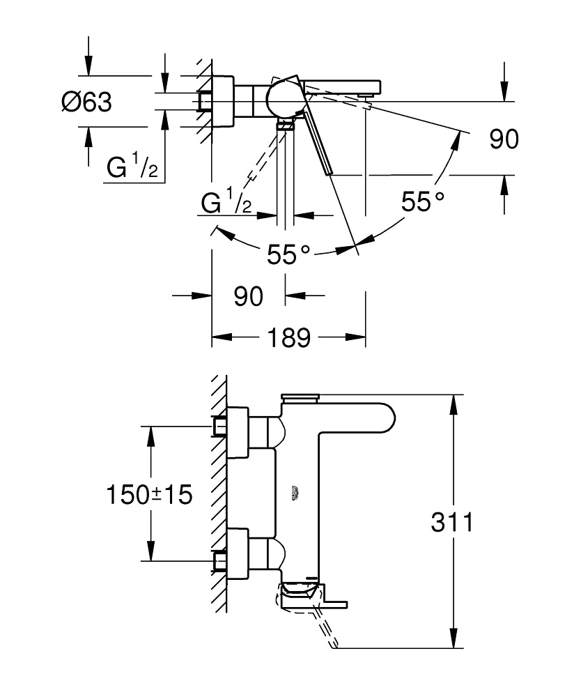 Grohe Banyo Bataryası Plus Krom - 33553003 teknik çizim