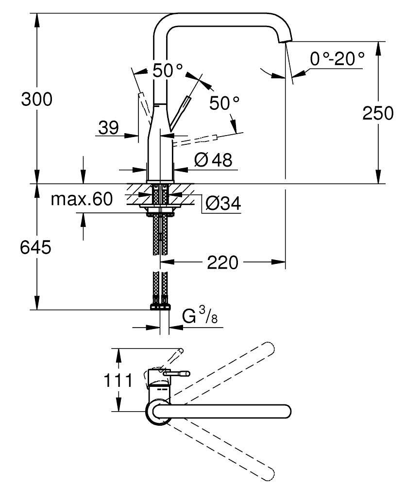 Grohe Eviye Bataryası Döner Borulu Essence Krom - 30269000 teknik çizim