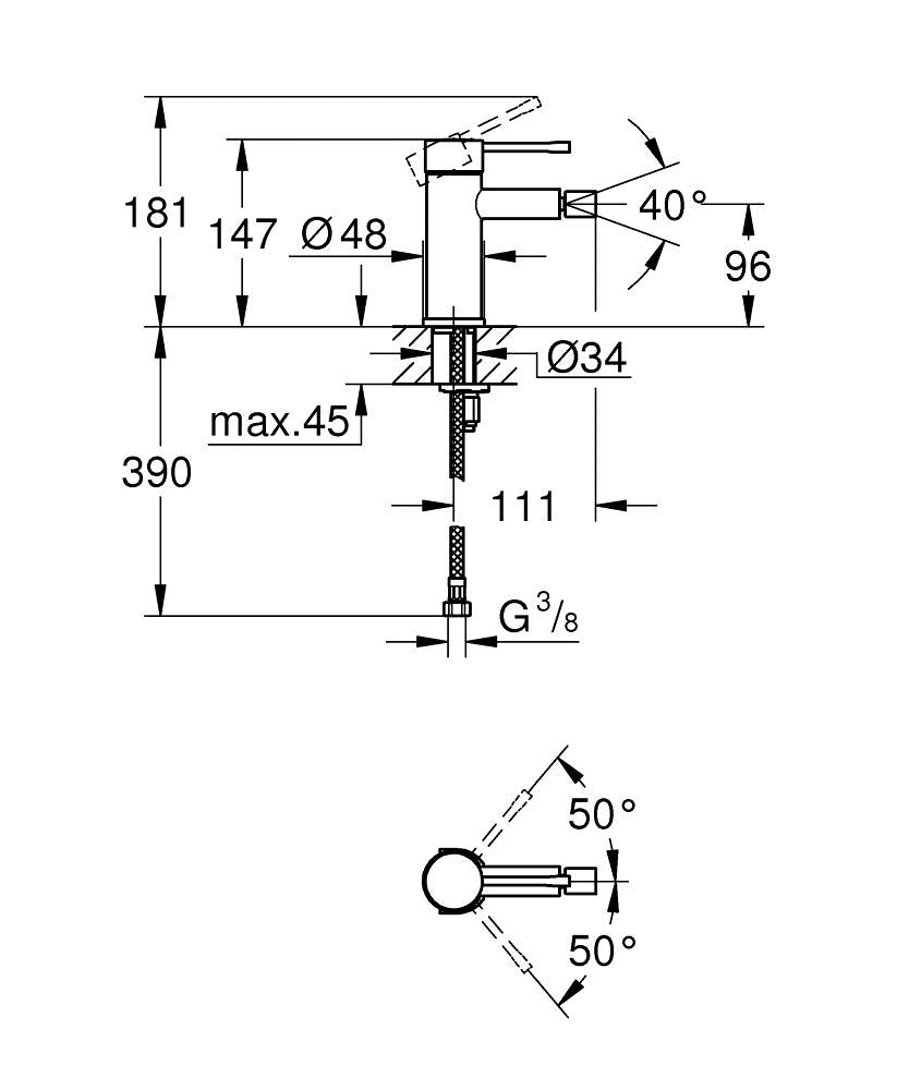 Grohe Essence New Tek Kumandalı Bide Bataryası S-Boyut Mat Siyah - 24395KF1 teknik çizim