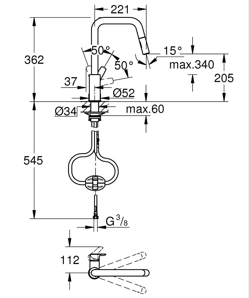 Grohe Eurosmart Spiralli Eviye Bataryası 2 Akışlı – 30619000 teknik çizim