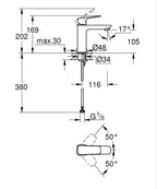 Grohe Lavabo Bataryası Cubeo M-Boyut Krom - 1017550000 teknik çizim