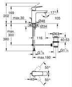 Grohe Lavabo Bataryası Cubeo M-Boyut Krom - 1017490000 teknik çizim