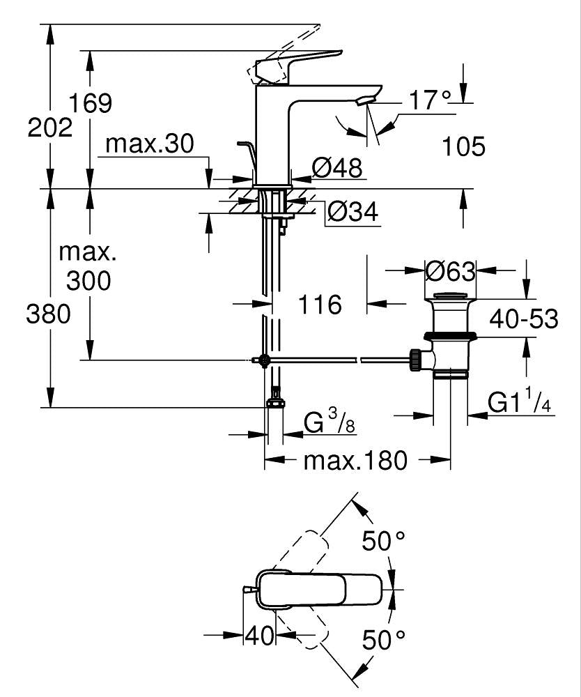 Grohe Lavabo Bataryası Cubeo M-Boyut Krom - 1017490000 teknik çizim
