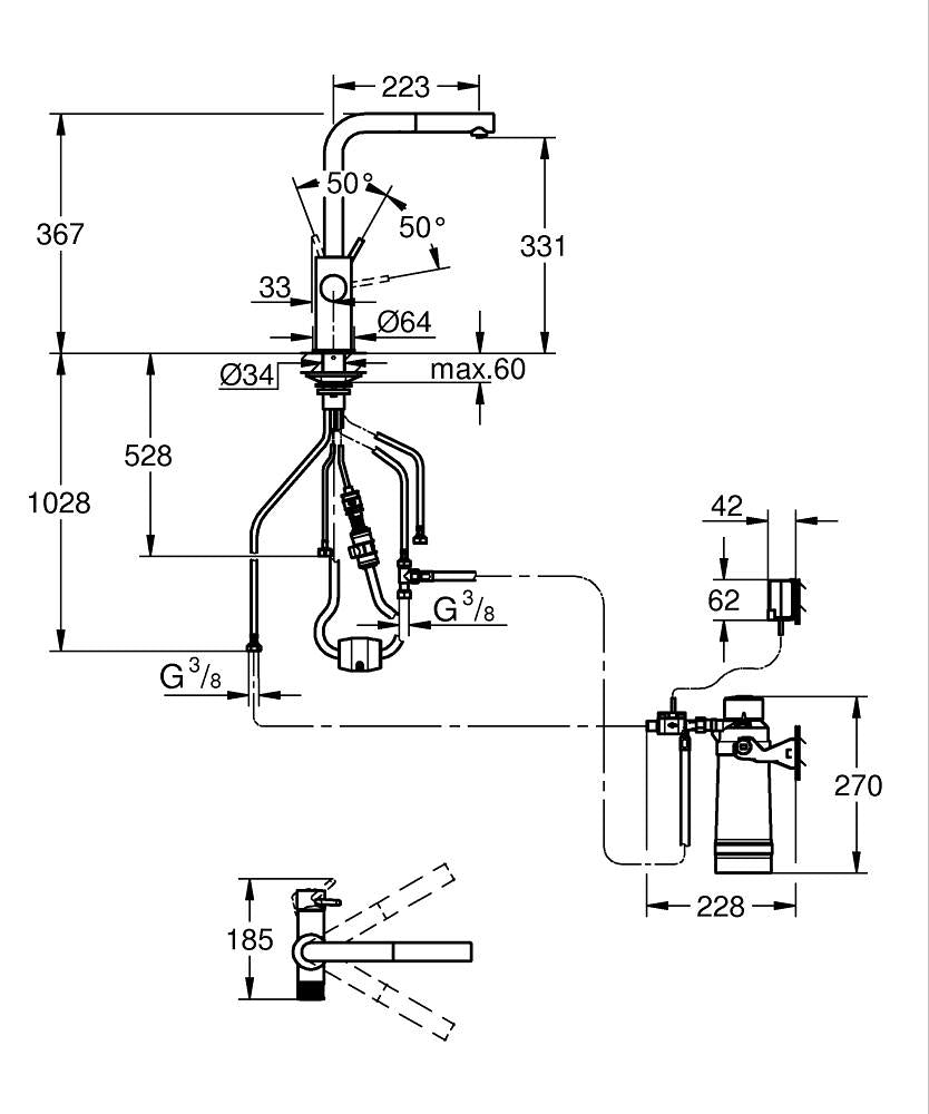 Grohe Blue Pure Minta Pull-Out Filter S - 30591000 teknik çizim