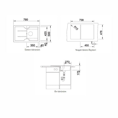 Nuevo Eviye Sonas 45 S 78 x 50 cm Sağ Damlalıklı Siyah Porselen 324157