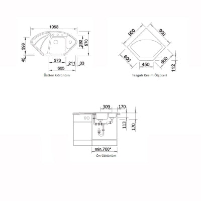 Nuevo Eviye Elegance Köşe 105,3 x 57 cm Siyah Porselen 524161