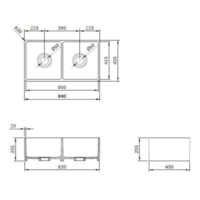 Bocchi Eviye Lavello 85 cm Çift Gözlü Country Parlak Beyaz Porselen