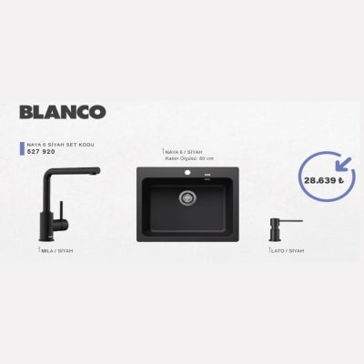 Blanco Naya 6 Siyah Evye + Mila Siyah Batarya + Lato Siyah Sıvı Sabunluk Seti (60 cm)
