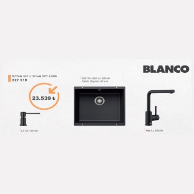 Blanco Rotan 500 U Siyah Granit Evye + Mila Siyah Batarya + Lato Siyah Sıvı Sabunluk Seti (60 cm)