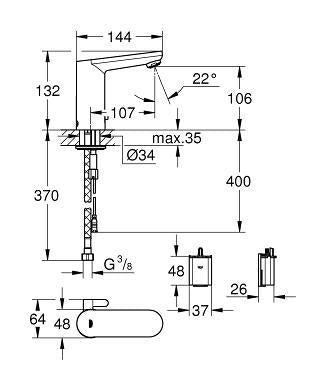 Grohe Eurosmart Cosmopolitan E Fotoselli Lavabo Bataryası, Çift Su Girişli Pilli - 36327001