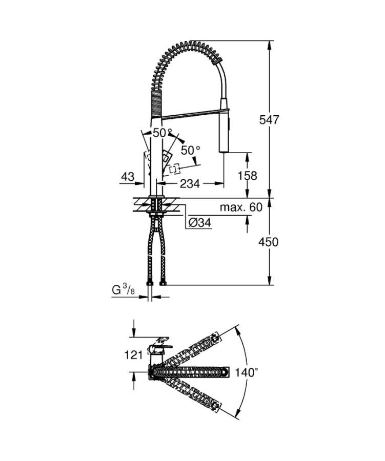 Grohe Eviye Bataryası Spiralli 2 Fonk Prof. Cube Super Steel - 31395DC0