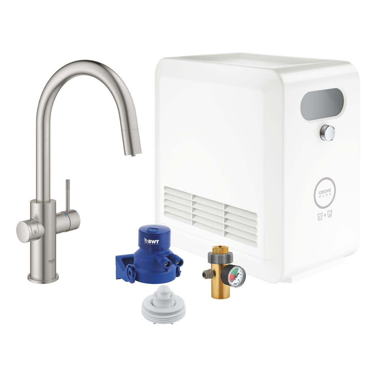 Grohe Blue Professional Arıtmalı İçme Suyu ve Soda Yapan Spiralli Eviye Bataryası Super Steel - 31325DC2