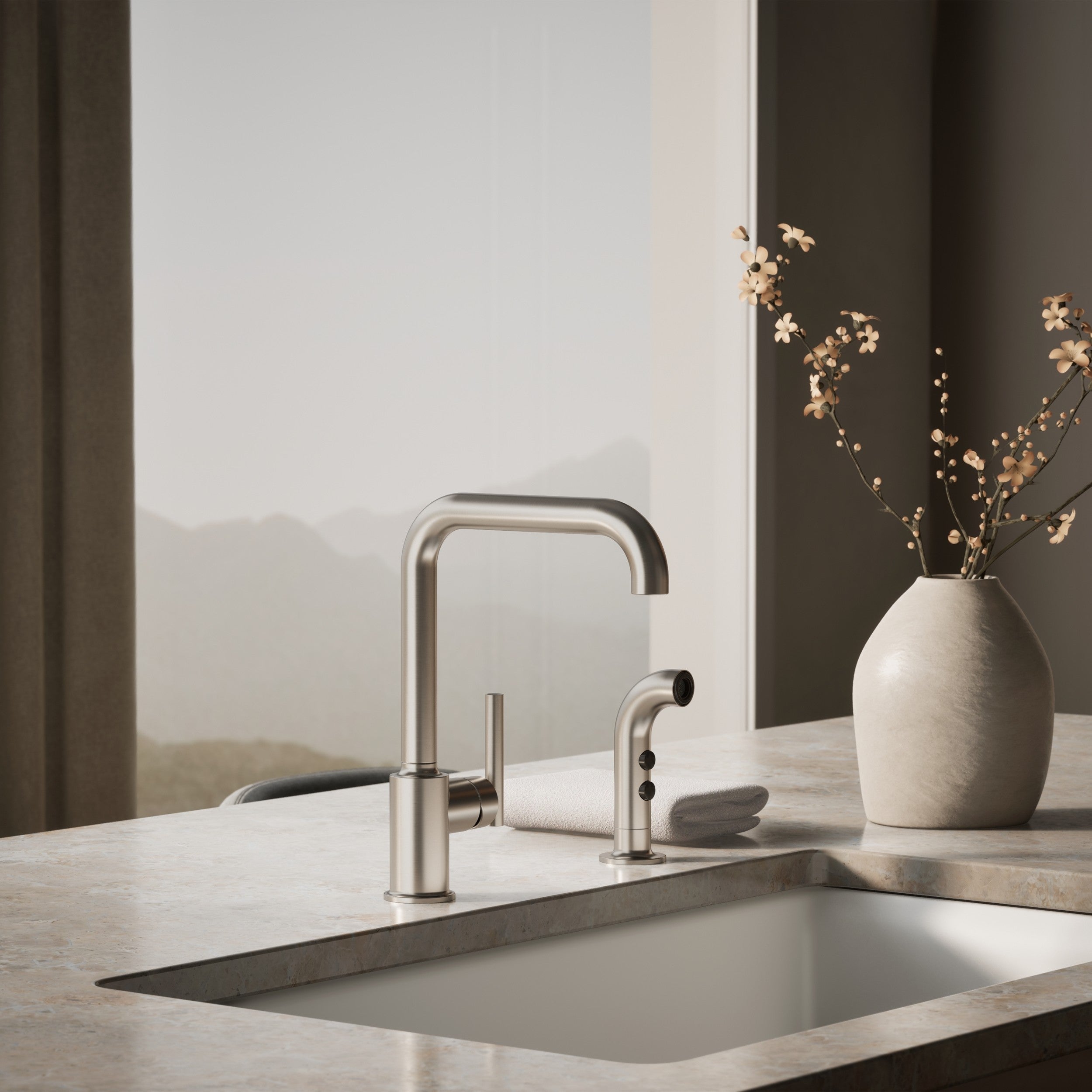 Kohler Eviye Bataryası Purist Yan Spreyli , Paslanmaz Çelik