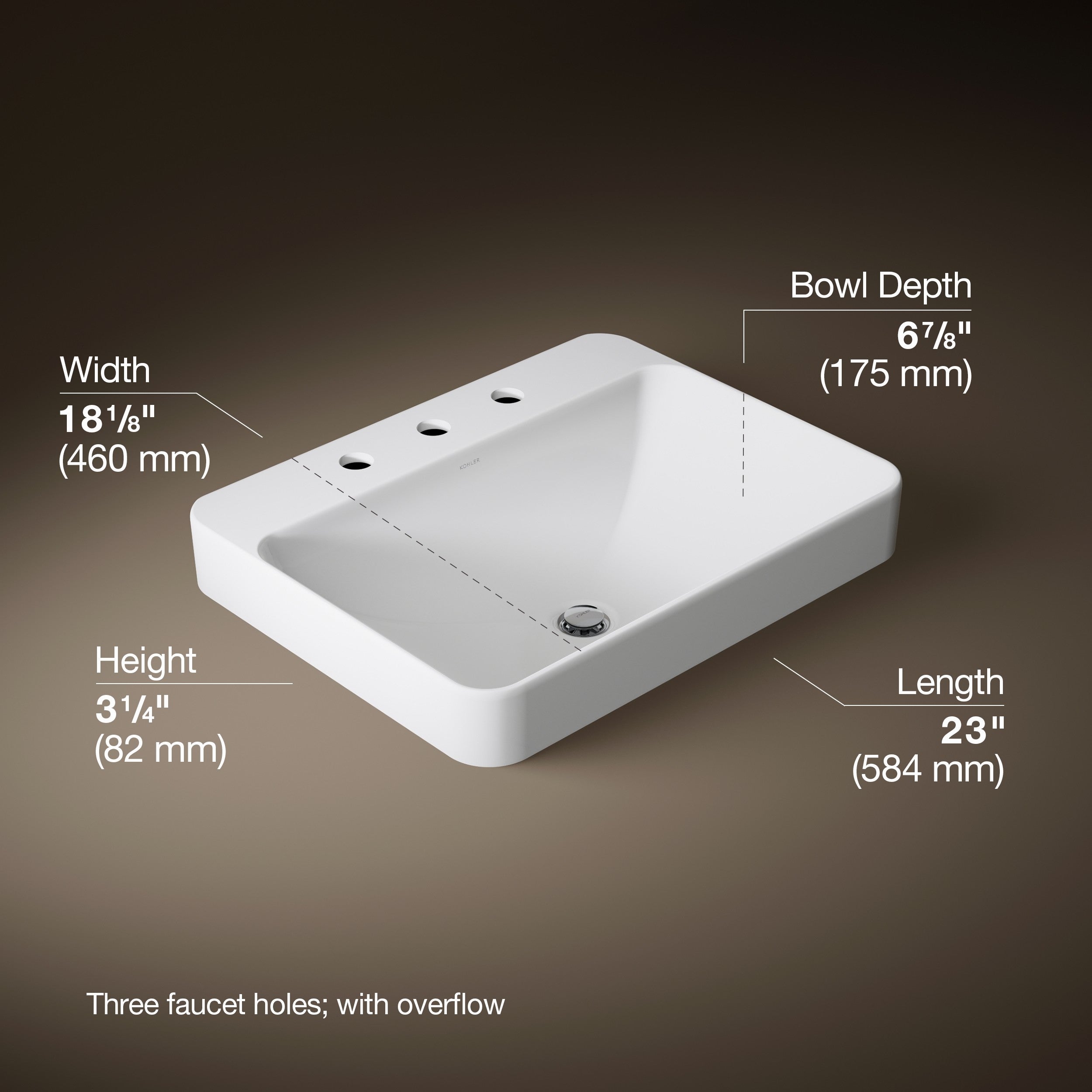 Kohler Lavabo Tezgah Üstü Üç Delikli Vox 58,4 x 465 cm