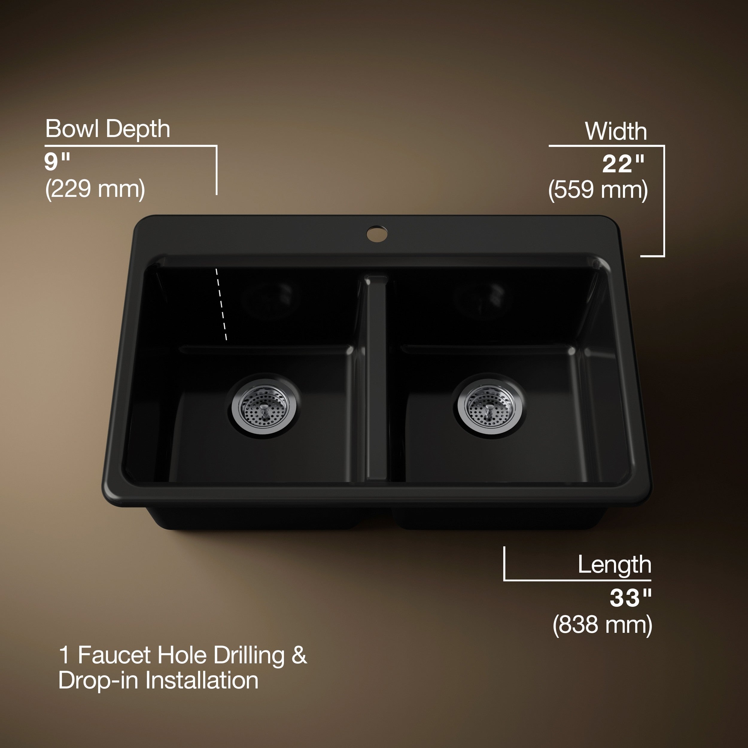 Kohler Eviye Riverby Çift Hazneli Siyah