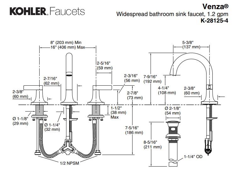 Kohler Venza 3 Delik Lavabo Bataryası, Mat Siyah